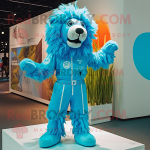 Cyan Lion mascot costume character dressed with a Jumpsuit and Hairpins