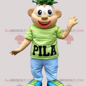Snowman mascot colorful outfit with dollars on his head -