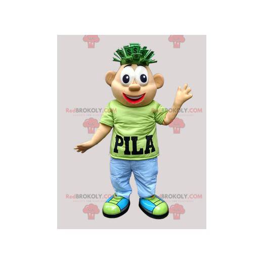 Snowman mascot colorful outfit with dollars on his head -