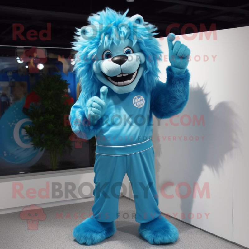 Cyan Lion mascot costume character dressed with a Jumpsuit and Hairpins