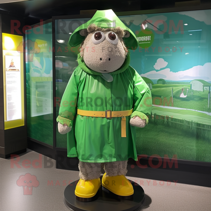 Green Beef Wellington mascot costume character dressed with a Raincoat and Headbands Green Beef Wellington mascot costume character dressed with a Raincoat and Headbands