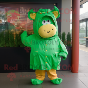 Green Beef Wellington mascot costume character dressed with a Raincoat and Headbands