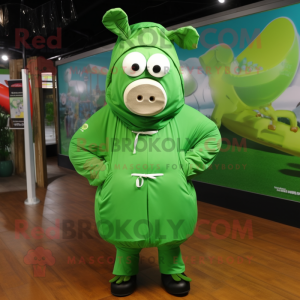 Green Beef Wellington mascot costume character dressed with a Raincoat and Headbands