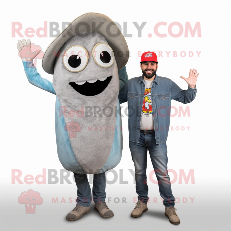 Gray Tacos mascot costume character dressed with a Boyfriend Jeans and Caps Gray Tacos mascot costume character dressed with a Boyfriend Jeans and Caps