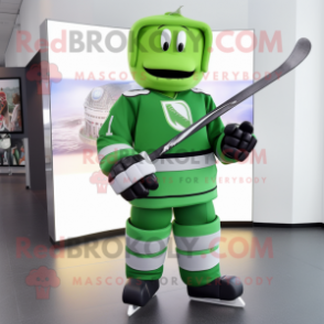 Green Ice Hockey Stick mascot costume character dressed with a Suit Pants and Belts