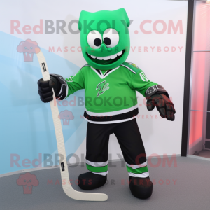 Green Ice Hockey Stick mascot costume character dressed with a Suit Pants and Belts