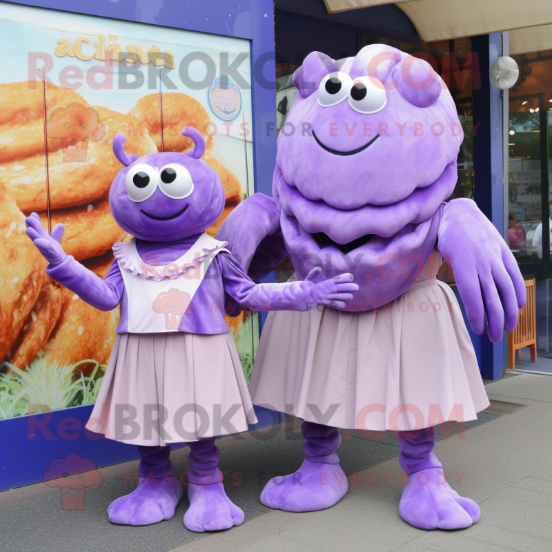 Lavender Crab Cakes mascot costume character dressed with a Empire Waist Dress and Earrings Lavender Crab Cakes mascot costume character dressed with a Empire Waist Dress and Earrings