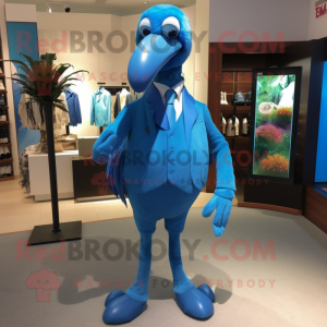 Blue Dodo Bird mascot costume character dressed with a Suit Pants and Shoe laces