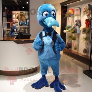 Blue Dodo Bird mascot costume character dressed with a Suit Pants and Shoe laces