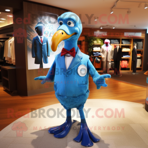 Blue Dodo Bird mascot costume character dressed with a Suit Pants and Shoe laces
