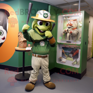 Green Sniper mascot costume character dressed with a Baseball Tee and Brooches