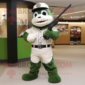 Green Sniper mascot costume character dressed with a Baseball Tee and Brooches