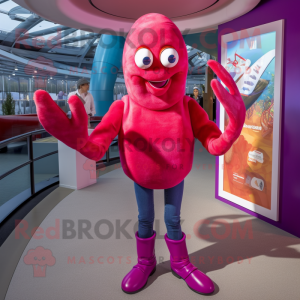 Magenta Lobster Bisque mascot costume character dressed with a Skinny Jeans and Earrings