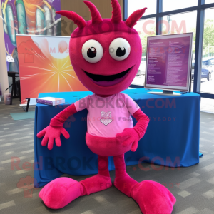 Magenta Lobster Bisque mascot costume character dressed with a Skinny Jeans and Earrings