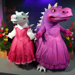 Magenta Ankylosaurus mascot costume character dressed with a Wedding Dress and Cummerbunds