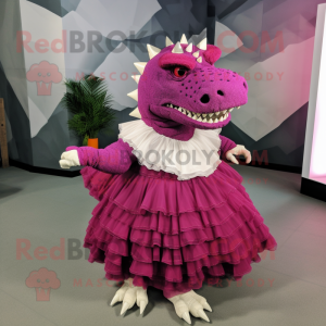 Magenta Ankylosaurus mascot costume character dressed with a Wedding Dress and Cummerbunds
