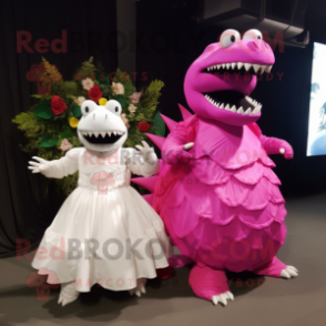 Magenta Ankylosaurus mascot costume character dressed with a Wedding Dress and Cummerbunds