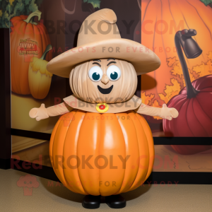 Tan Pumpkin mascot costume character dressed with a Mini Dress and Hat pins