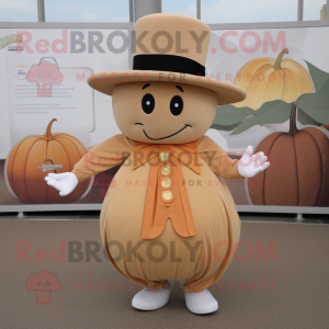 Tan Pumpkin mascot costume character dressed with a Mini Dress and Hat pins