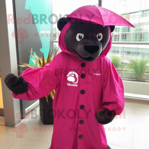 Magenta Panther mascot costume character dressed with a Raincoat and Hats