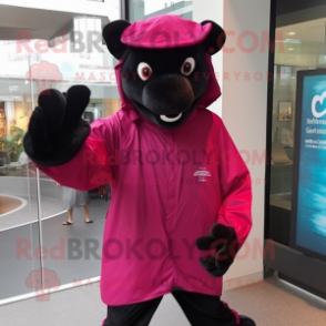 Magenta Panther mascot costume character dressed with a Raincoat and Hats