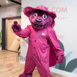 Magenta Panther mascot costume character dressed with a Raincoat and Hats