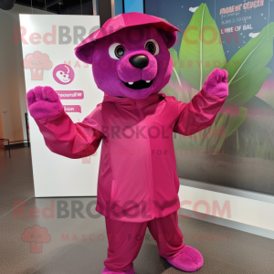 Magenta Panther mascot costume character dressed with a Raincoat and Hats