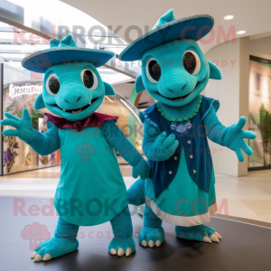 Turquoise Chupacabra mascot costume character dressed with a Maxi Skirt and Berets