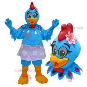 Blue and yellow rooster hen mascot with a red crest -