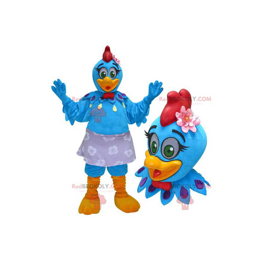 Blue and yellow rooster hen mascot with a red crest -