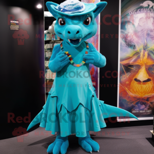 Turquoise Chupacabra mascot costume character dressed with a Maxi Skirt and Berets
