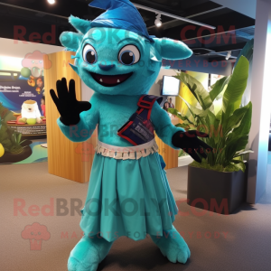 Turquoise Chupacabra mascot costume character dressed with a Maxi Skirt and Berets
