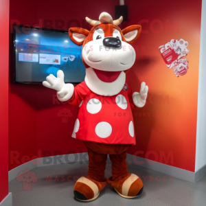Red Jersey Cow mascot costume character dressed with a Midi Dress and Beanies
