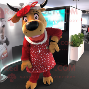 Red Jersey Cow mascot costume character dressed with a Midi Dress and Beanies