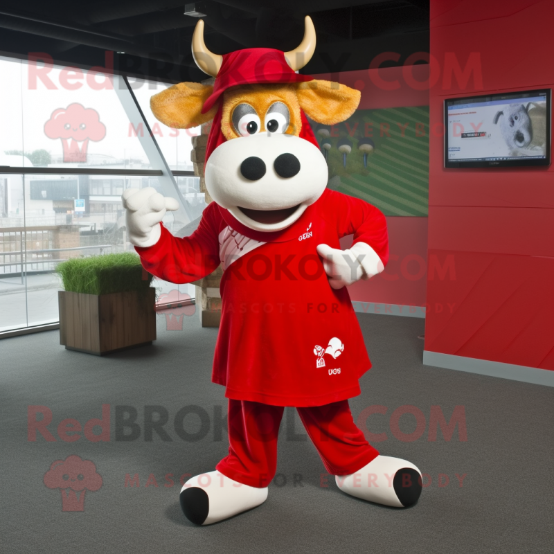 Red Jersey Cow mascot costume character dressed with a Midi Dress and Beanies