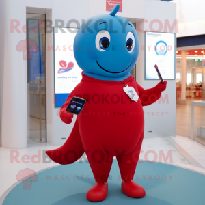 Red Blue Whale mascot costume character dressed with a V-Neck Tee and Smartwatches