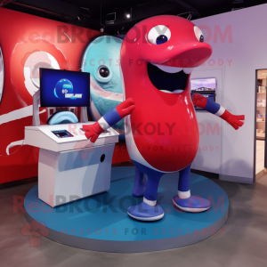 Red Blue Whale mascot costume character dressed with a V-Neck Tee and Smartwatches