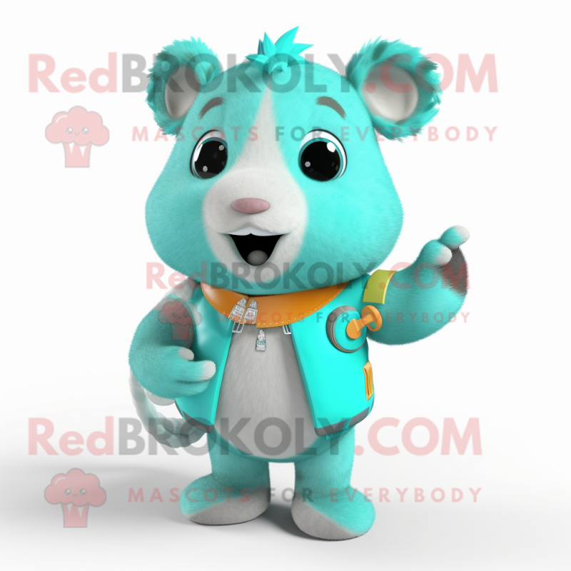 Cyan Hamster mascot costume character dressed with a Vest and Bracelets