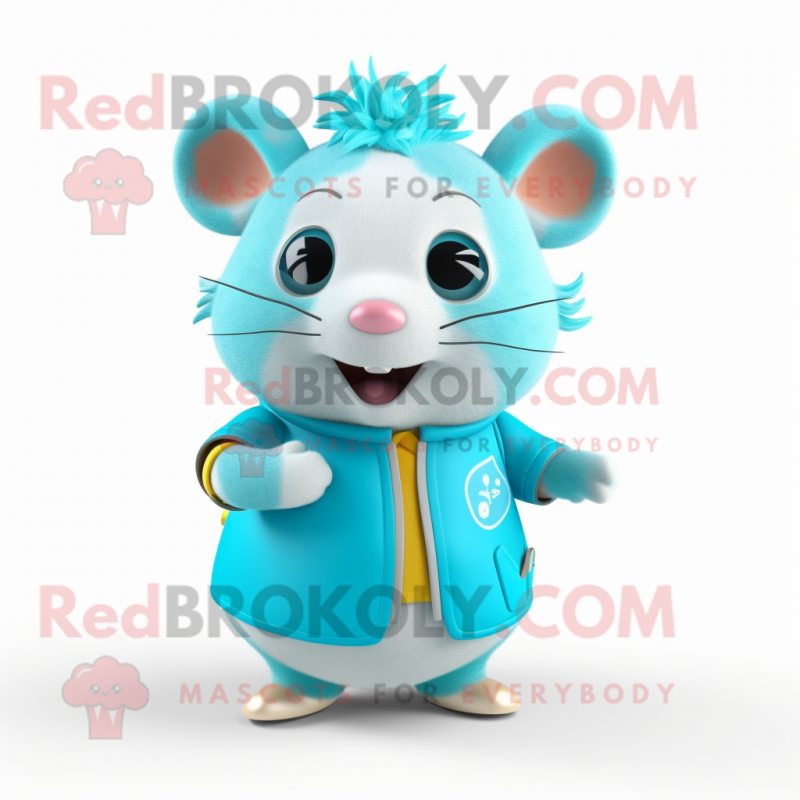 Cyan Hamster mascot costume character dressed with a Vest and Bracelets