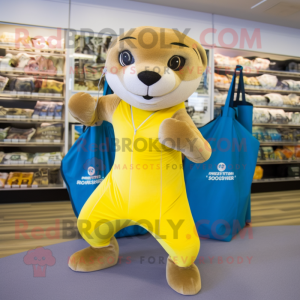 Gold Otter mascot costume character dressed with a Yoga Pants and Tote bags