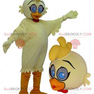 Giant yellow and orange duck mascot with blue eyes -