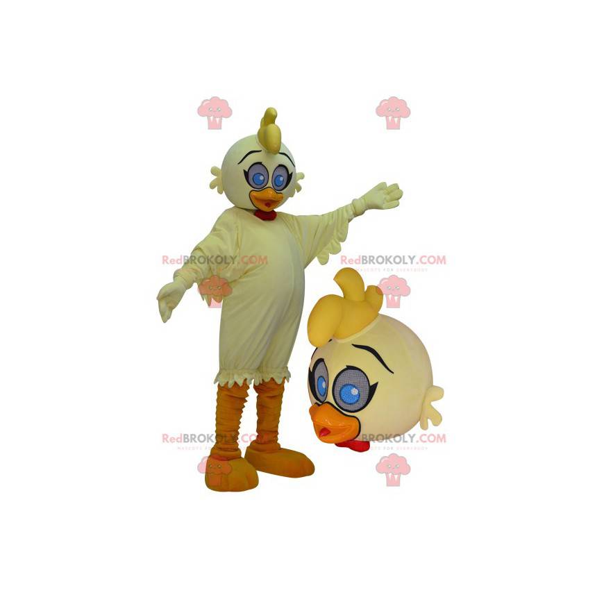 Riesiges gelbes und orangefarbenes Entenmaskottchen mit blauen Riesiges gelbes und orangefarbenes Entenmaskottchen mit blauen