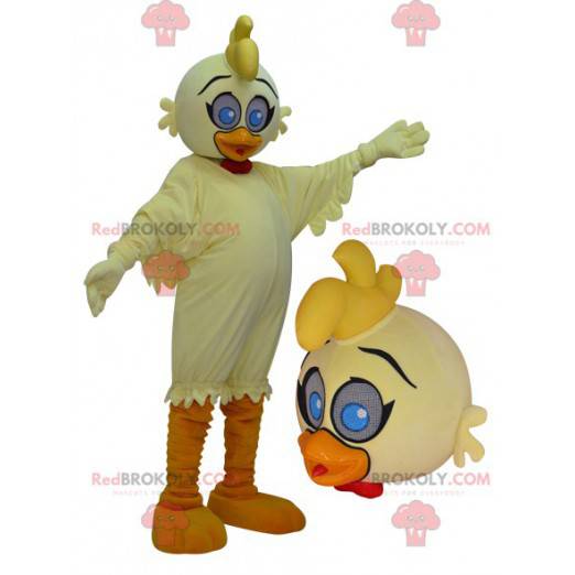 Giant yellow and orange duck mascot with blue eyes -