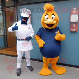Navy Butter Chicken mascot costume character dressed with a Dress Pants and Smartwatches