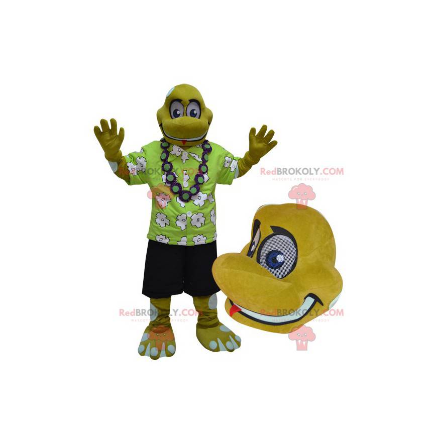 Mascota de tortuga reptil amarillo en traje de vacacionista -