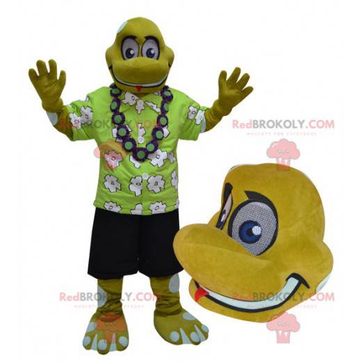 Mascota de tortuga reptil amarillo en traje de vacacionista -