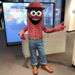 Maroon Aglet mascot costume character dressed with a Denim Shirt and Ties