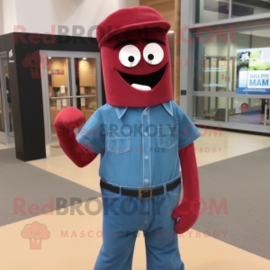 Maroon Aglet mascot costume character dressed with a Denim Shirt and Ties
