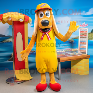 Gold Hot Dogs mascot costume character dressed with a Board Shorts and Berets