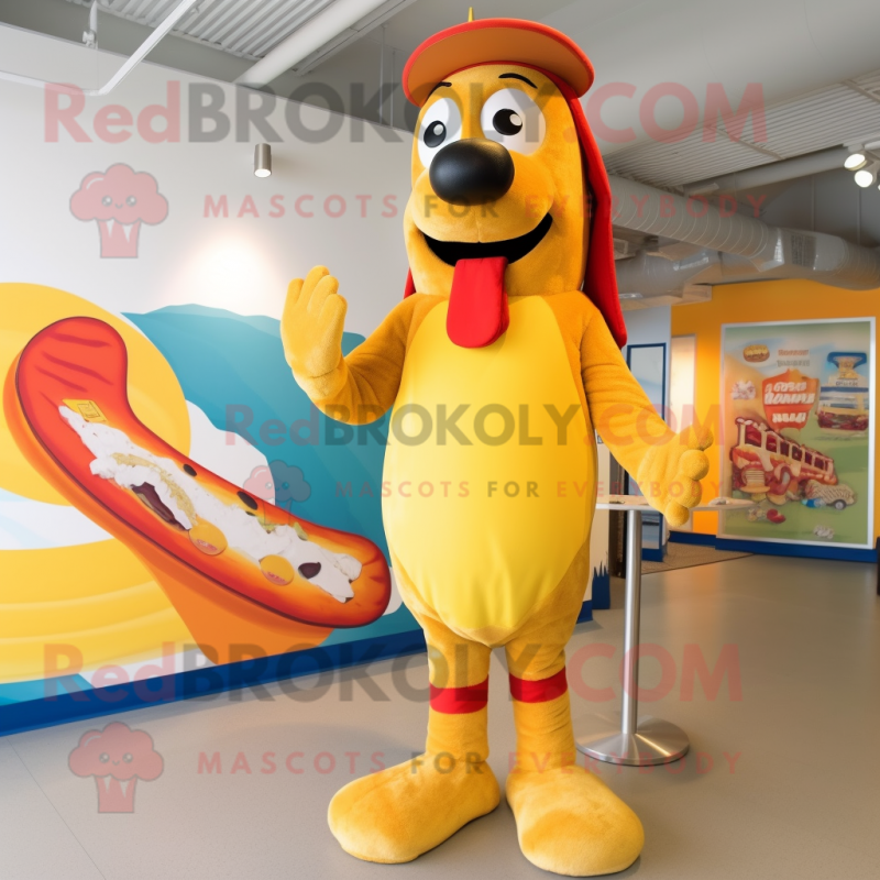 Gold Hot Dogs mascot costume character dressed with a Board Shorts and Berets